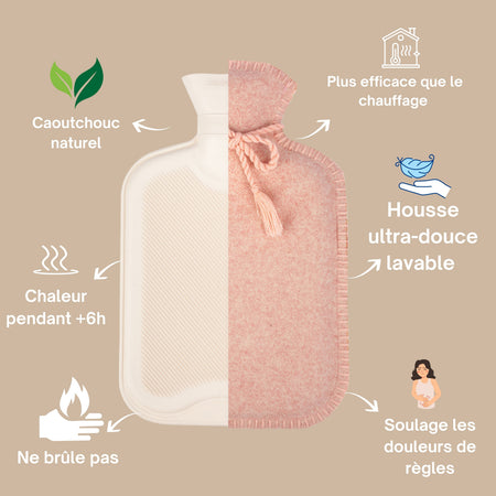 Bouillotte Calindoo : caoutchouc naturel, housse ultra-douce lavable, chaleur +6h